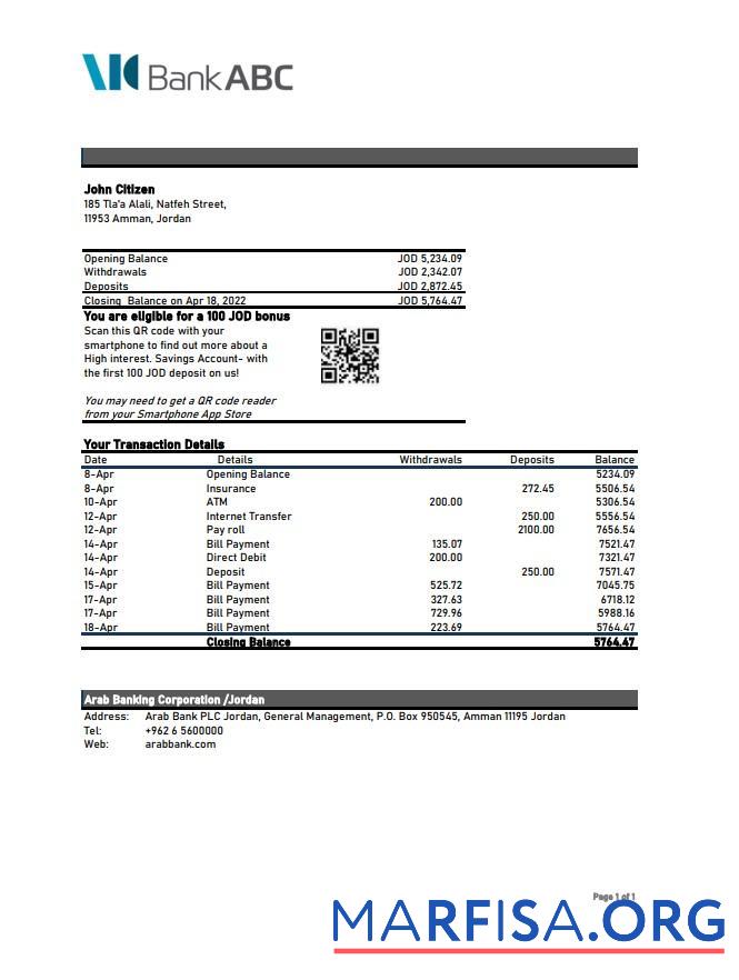 Blank Jordan ABC bank statement excel template